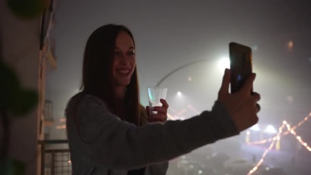 Happy Smiling Woman Refreshing Champagne Hands Doing Video Call Using — Αρχείο Βίντεο