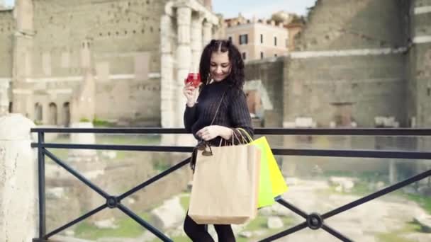 Flirting Brunette Woman Posing Camera Glass Refreshing Cocktail Hands Attractive — Vídeo de stock
