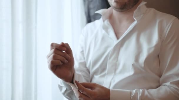 Handsome Man Adjusting White Golden Cufflinks White Ceremony Shirt Groom — Vídeo de Stock