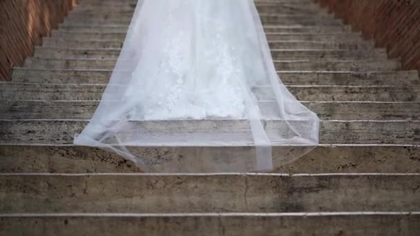 Elegant Bride Fashion Lace Wedding Dress Lifting Marble Stairs Her — Wideo stockowe