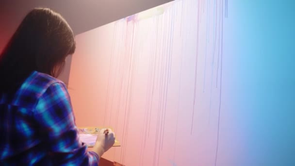 Skilled Female Artist Holding Painting Colours Palette Soaking Paint Brush — Stockvideo