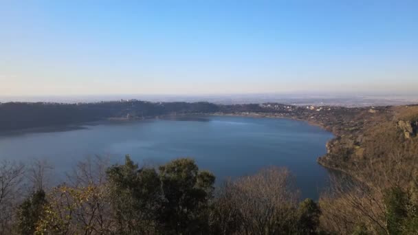Volcanic Italian Albano Lake Sunlights Reflections Water Surface Mountains Hills — Stockvideo