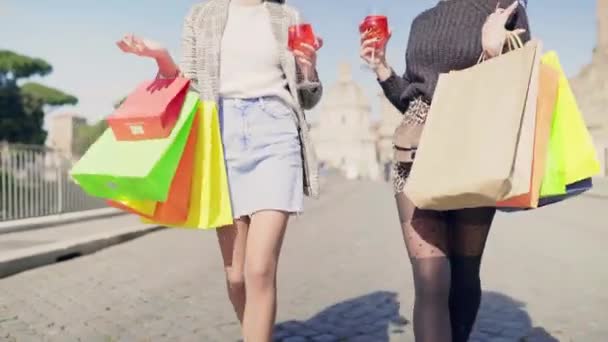 Slim Ladies Walking Cobblestone Street Shopping Day Glamour Women Holding — 비디오