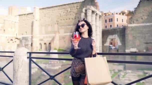 Charming Brunette Woman Posing Camera Glass Refreshing Orange Cocktail Hands — стокове відео