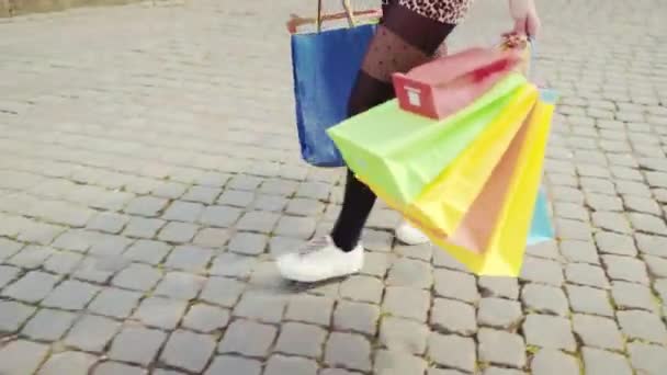 Female Shopaholic Enjoying Her Perfect Day Doing Shopping Central Mall — Video