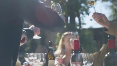 Group of best friends meeting in rustic restaurant to spend weekend time together, happy friends giving cheers each other holding goblets with aged white wine, alcoholic beverage from rustic vineyard