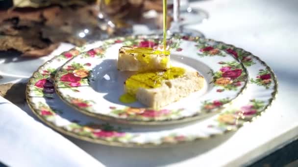 Traditional Crusty Italian Bruschetta Poured Extra Virgin Olive Oil Seasoned — 비디오