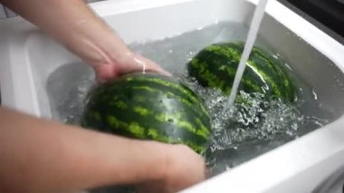 Person washing two ripe watermelons in white sink with flowing water from tap, process of removing chemical impurities from the fruits surface after buying, healthy eating and hygiene concept. High