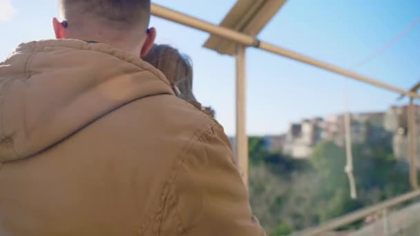 Couple Love Hugging Each Other Standing Restaurant Terrace Admiring Amazing — Vídeo de stock