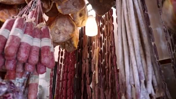 Assortment Rustic Meat Products Local Italian Grocery Store Cure Prosciutto — ストック動画