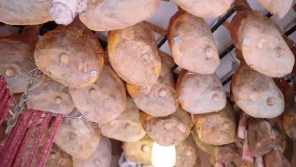 Lots Cured Jamon Legs Dried Sausages Hanging Ceiling Local Grocery — ストック動画