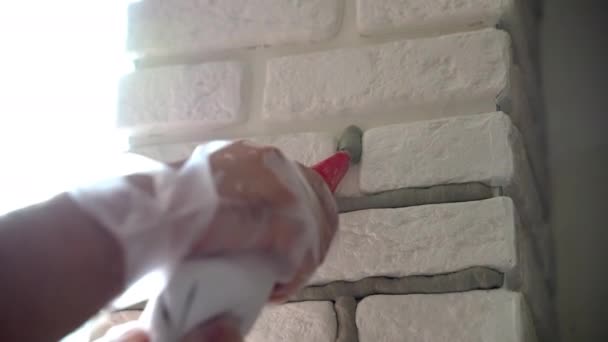 Worker Using Industrial Fabric Tube Filling Wall Joints Cement Solution — Video Stock