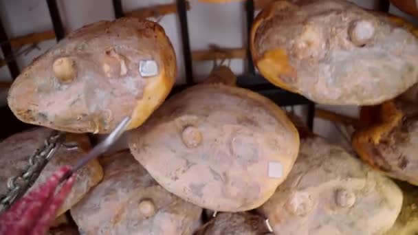 Stort Sortiment Högkvalitativa Köttprodukter Livsmedelsbutiken Rustika Saltade Prosciuttoben Torkad Salami — Stockvideo