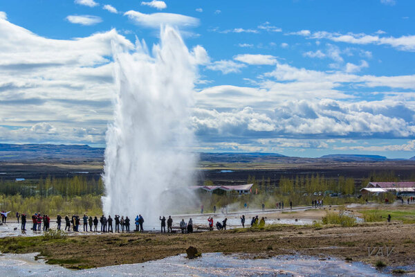 In Iceland geothermal area in the Golden Circle with hot springs, active geysers & boiling mud pits.