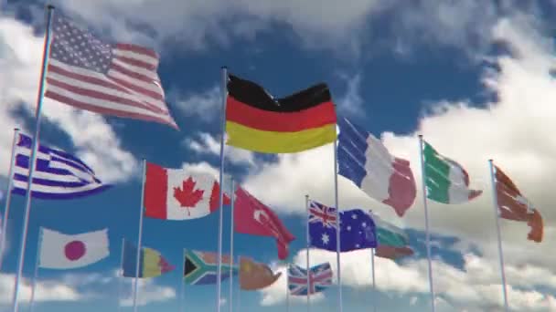 不同国家的国旗高悬天空 — 图库视频影像