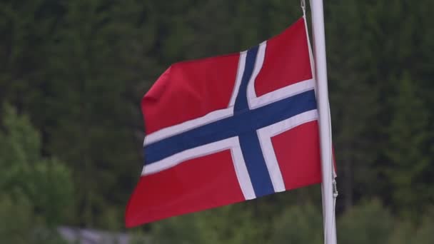 Norwegische Flagge Vor Blauem Himmel Zeitlupe Stock-Filmmaterial