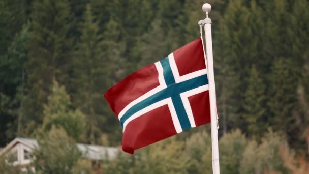 Close Zicht Noorse Vlag Een Boot Noorwegen — Stockvideo
