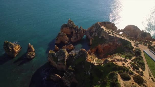 Aerial Caves Farol Ponta Piedade Lagos Portugal — Stock video