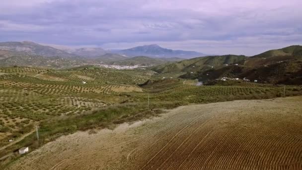 Letecký Let Přes Kamenitá Pole Rovinaté Země Andalusie Španělsko — Stock video