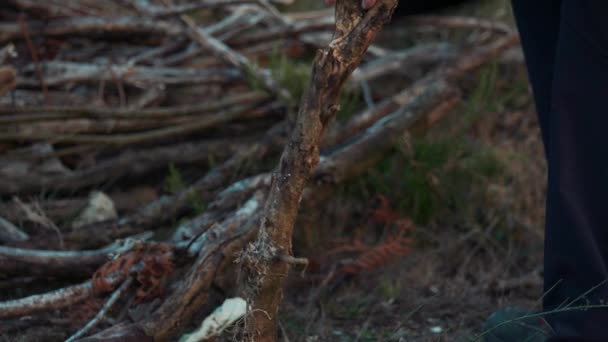 Человек Бьет Ветки Ножом Выживания Костра Лагеря — стоковое видео