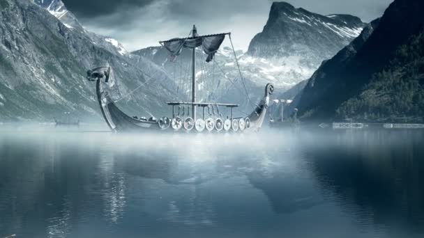 Longboat Madera Del Vikingo Mar Nórdico — Vídeos de Stock