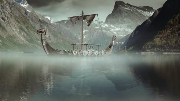 Langboot Der Wikinger Aus Holz Auf Nordischer See — Stockvideo
