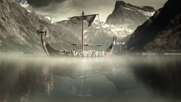 Wooden Viking Longboat Nordic Sea — Stock Video