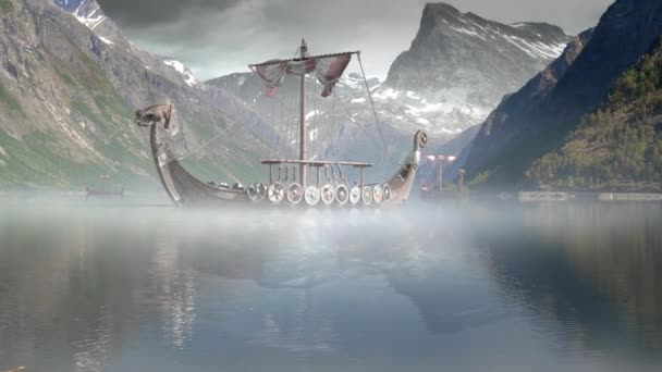 Wooden Viking Langbåt Nordisk Hav – stockvideo