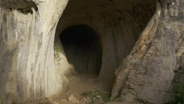 Aerial Flight Prohodna Caves Bulgaria — Stock Video