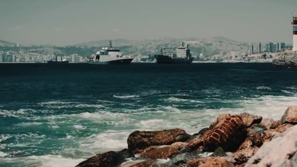 Two Battleships Valparaiso Harbor Chile — Stockvideo