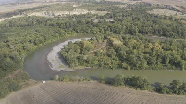 Antenn Meander Floden Alasani Vashlovani Nationalpark Border Georgia Azerbajdzjan — Stockvideo