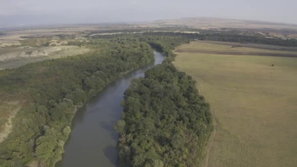 Aerial Meander Alasani River Vashlovani National Park Border Georgia Ázerbájdžán — Stock video