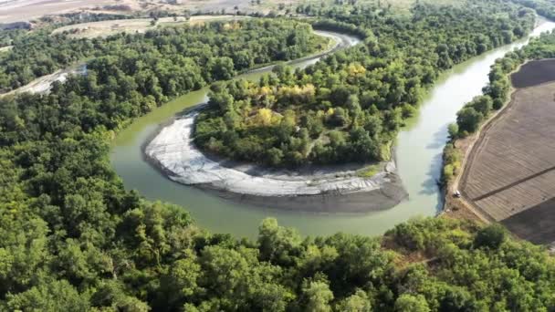 Antenn Meander Floden Alasani Vashlovani Nationalpark Border Georgia Azerbajdzjan — Stockvideo