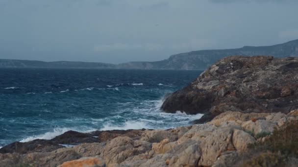 Massive Wave Breaker Stormy Sea Peloponnes Greece — Stock Video