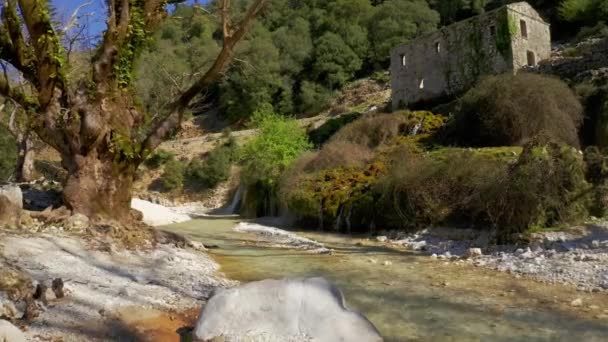 Aerial Souli Mills Waterfalls Epirus Greece 分级和稳定版本 — 图库视频影像