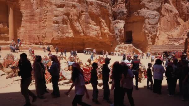 Turisti Visitano Strutture Delle Tombe Reali Nella Città Antica Petra — Video Stock