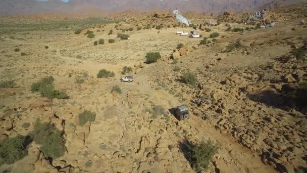 Aerial Drone View Offroad Fun Blue Painted Rocks Valle Tafraoute — Αρχείο Βίντεο