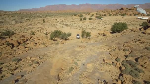 Aerial Drone View Offroad Fun Blue Painted Rocks Valle Tafraoute — Stock video