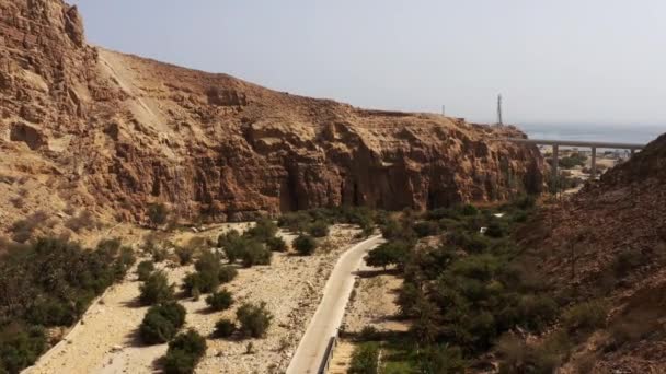 Aerial Flying Area Wadi Bani Khalid Oman Graded Stabilized Version — Stockvideo
