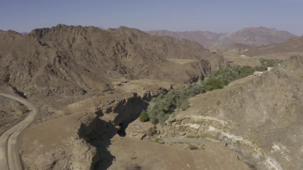 Aerial Ain Sahban Oasis Mountains Oman — Stock Video