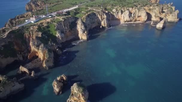 Aerial Caves Farol Ponta Piedade Λάγος Πορτογαλία — Αρχείο Βίντεο
