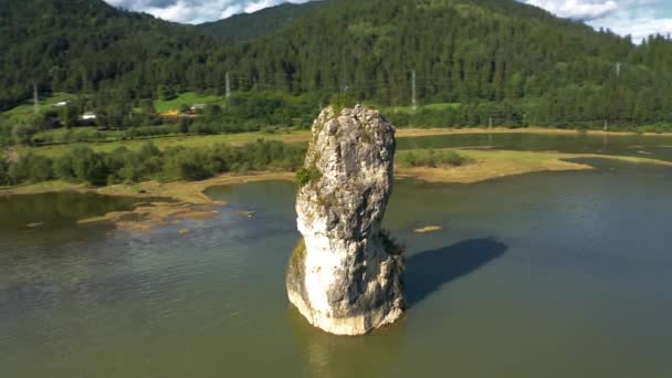 Aerial Lacul Izvoru Muntelui Viaduct Poiana Teiului Background Romania — 비디오