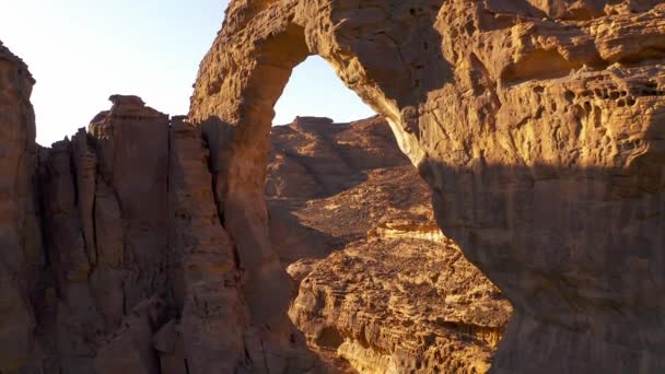 Aerial Ula Region Arch Rock Saudi Arabia Graded Stabilized Version — Stock Video