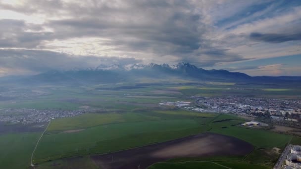 Aerial Plain Field View High Tatra Mountain Range Slovakia — Stock Video
