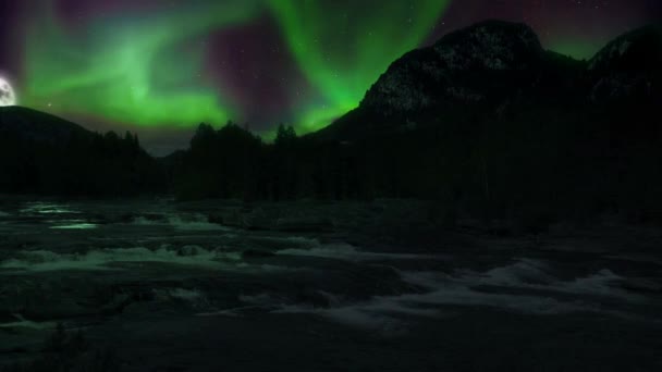 Vfx Shot Aurora Borealis Supermoon Boven Een Rivier Noorwegen — Stockvideo