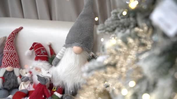 Jouets Noël Gnomes Debout Sur Canapé Près Arbre Noël — Video