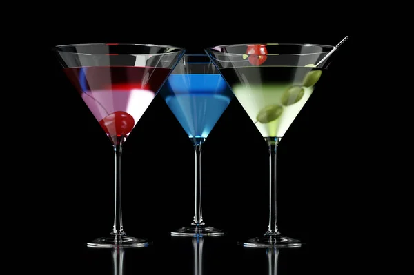 Different Cocktails Martini Glass Black Background — Stock Photo, Image