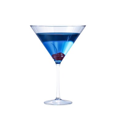 Beyaz arka planda izole edilmiş martini bardağında kirazlı mavi kokteyl..