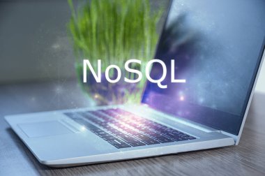 NoSQL inscription against laptop and code background. Learn NoSQL, computer courses, training. clipart