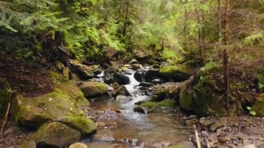 Slow flight over a fast mountain river, blue cold water in a mountain river. Very low flight over a mountain river upstream. Drone flight, mountain river.